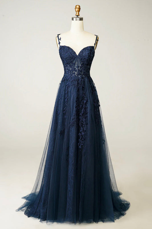Navy Blue Tulle Lace Long Prom Dress, Beautiful Spaghetti Straps Formal Dress