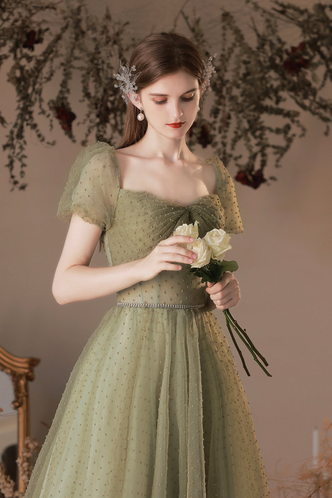 Green Tulle Long A-Line Prom Dress, Cute Evening Dress
