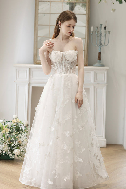 White Lace with Butterflies Long Formal Dress, White Prom Dress