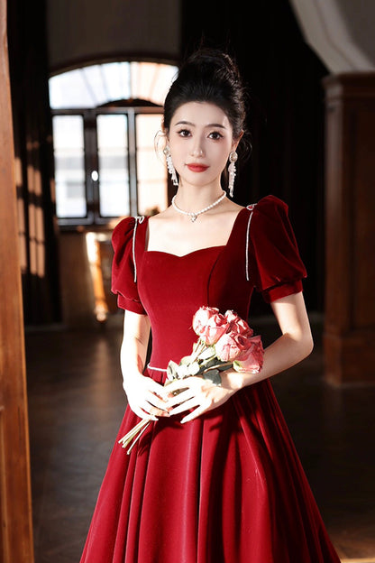 Burgundy Velvet Long A-Line Prom Dress, A-Line Short Sleeve Evening Party Dress