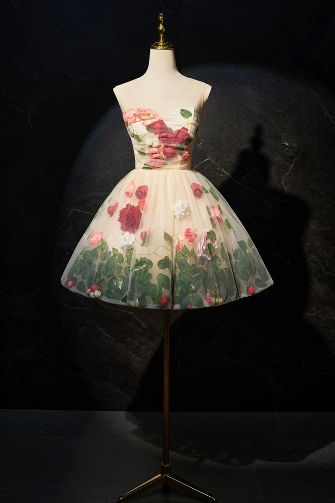 Cute Scoop Neck Short Prom Dress with Flowers, Champagne  A-Line Party Dress