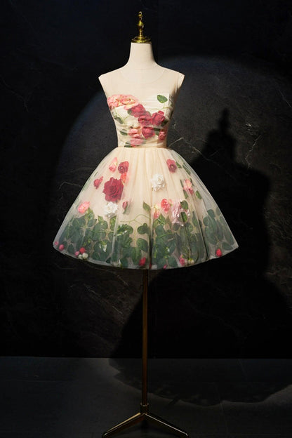 Cute Scoop Neck Short Prom Dress with Flowers, Champagne  A-Line Party Dress