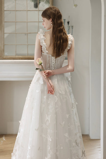 White Lace with Butterflies Long Formal Dress, White Prom Dress