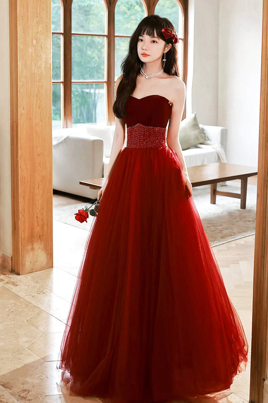 Burgundy Strapless Tulle Long Prom Dress with Beaded, Burgundy Tulle Formal Dress