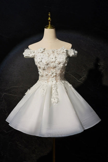Beautiful Flowers Lace Short Prom Dress, White A-Line Evening Party Dress