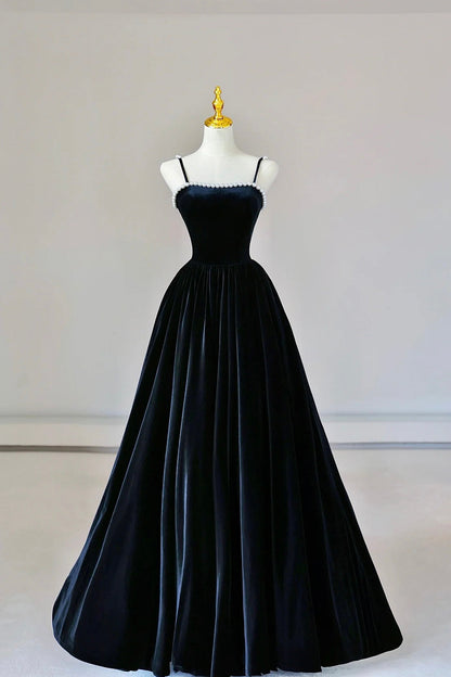 Black Spaghetti Strap Velvet Long Prom Dress with Pearls, A-Line Evening Dress Party Dress