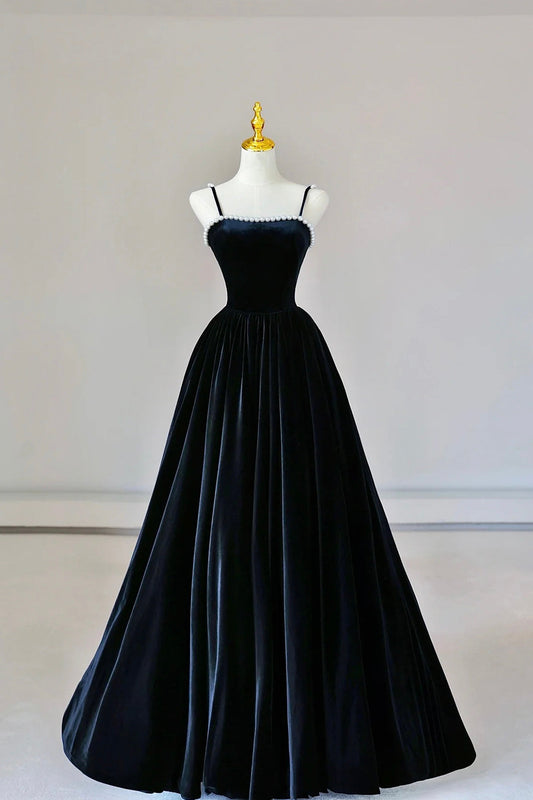 Black Spaghetti Strap Velvet Long Prom Dress with Pearls, A-Line Evening Dress Party Dress