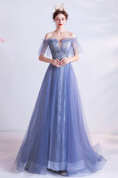 Off the Shoulder Lace Long Formal Dress, Blue A-Line Evening Party Dress