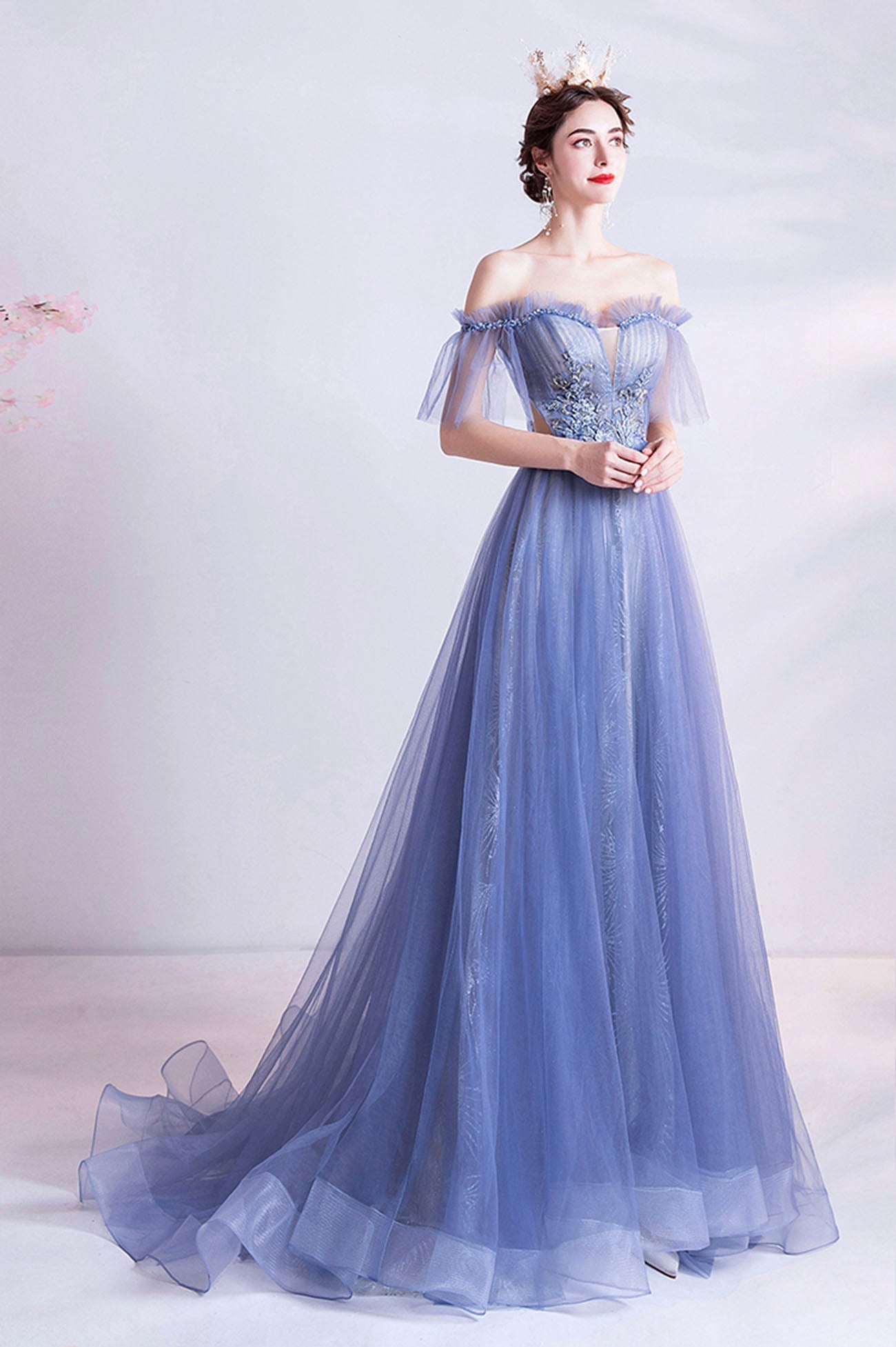 Off the Shoulder Lace Long Formal Dress, Blue A-Line Evening Party Dress