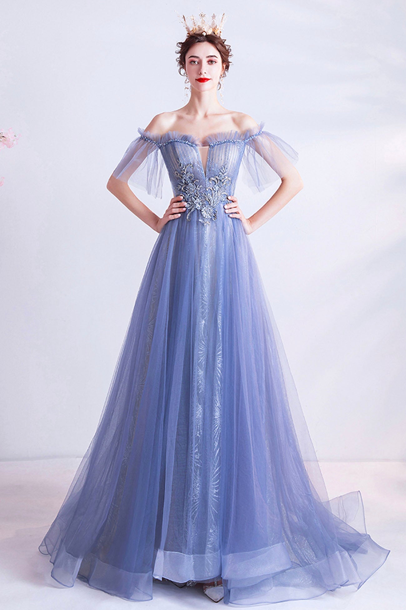 Off the Shoulder Lace Long Formal Dress, Blue A-Line Evening Party Dress