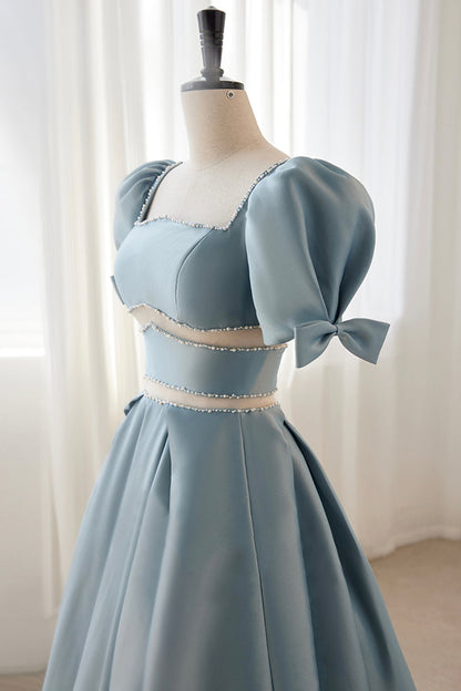 Blue Satin Beaded Long Prom Dress, Blue Short Sleeve Evening Dress