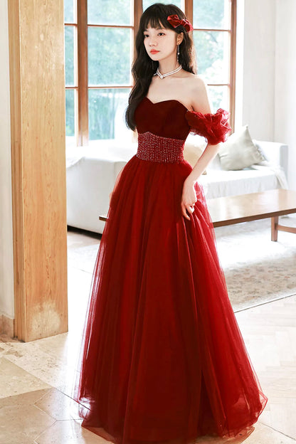 Burgundy Strapless Tulle Long Prom Dress with Beaded, Burgundy Tulle Formal Dress