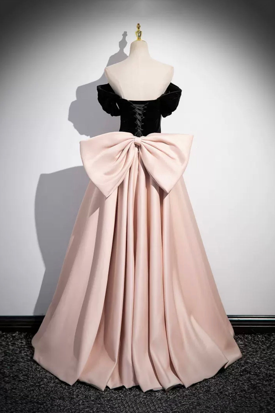 Black Velvet and Pink Satin Long Prom Dress, Beautiful A-Line Evening Party Dress with Bow