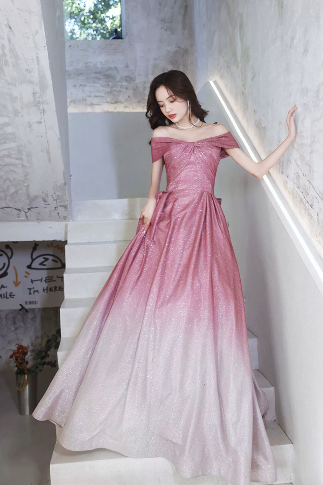 Beautiful Gradient Floor Length A-Line Prom Dress, Off the Shoulder Evening Party Dress