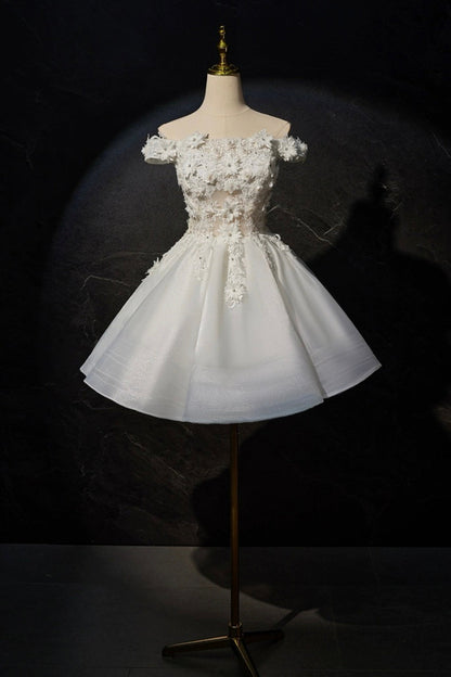 Beautiful Flowers Lace Short Prom Dress, White A-Line Evening Party Dress
