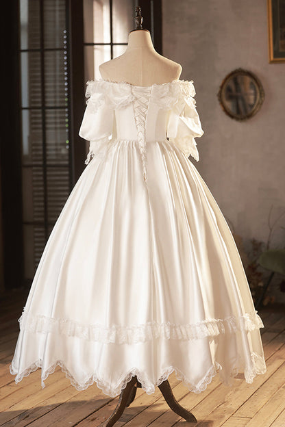White Satin Lace Prom Dress, White Evening Dress, Wedding Dress
