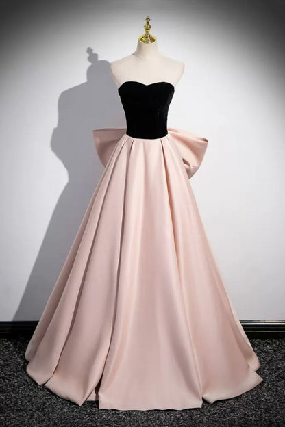 Black Velvet and Pink Satin Long Prom Dress, Beautiful A-Line Evening Party Dress with Bow