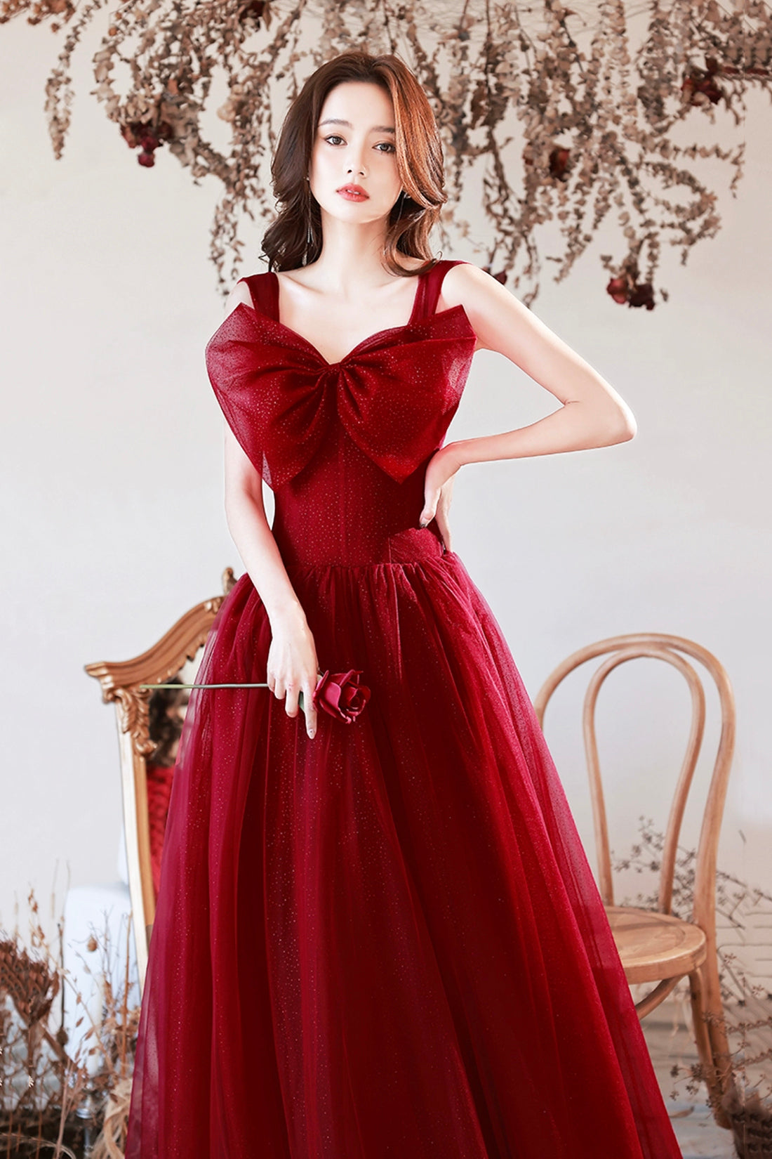 Burgundy Tulle Long A-Line Prom Dress with Bow, Burgundy Evening Graduation Dress