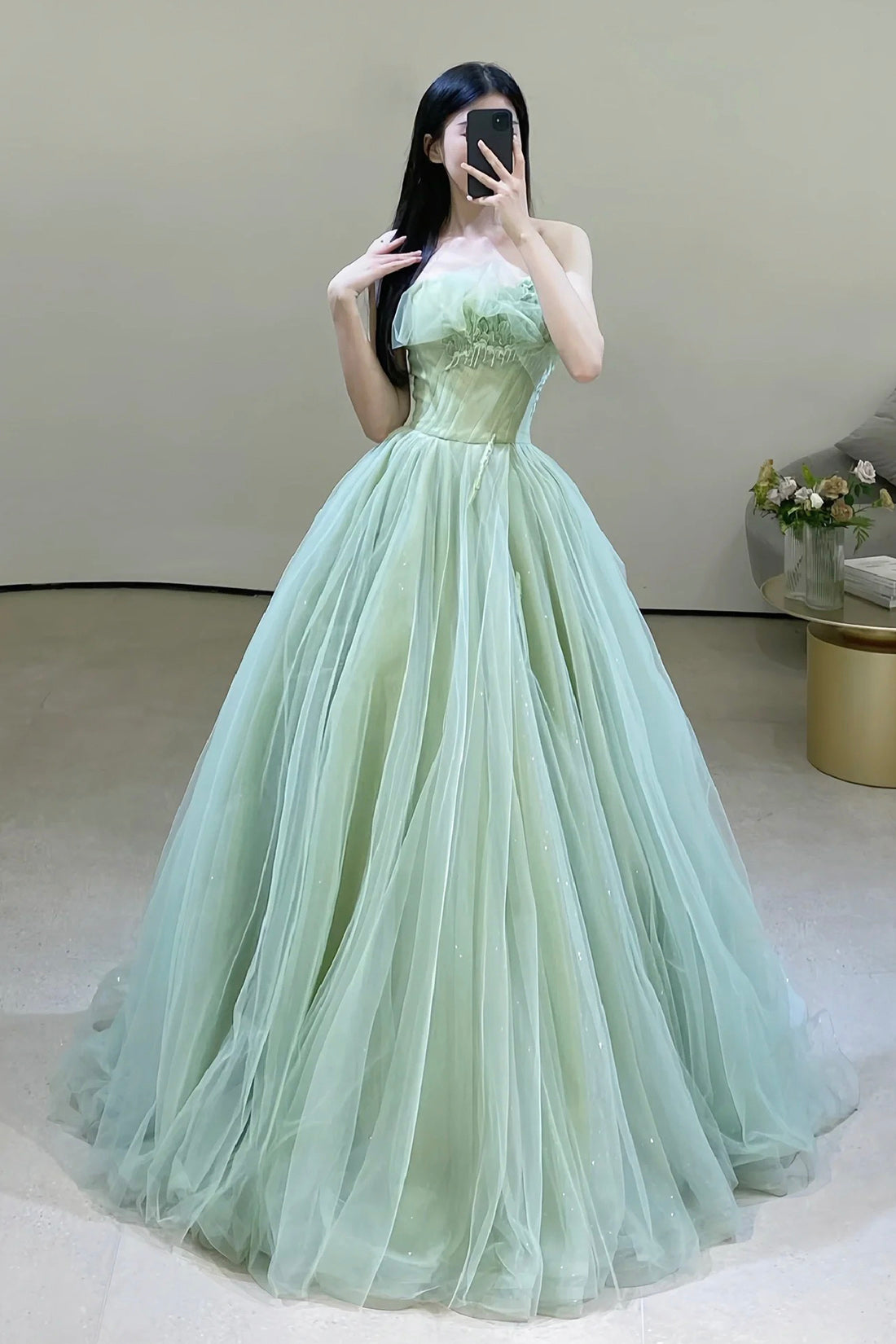 Green Strapless Tulle Long Prom Dress, Beautiful Green Evening Party Dress