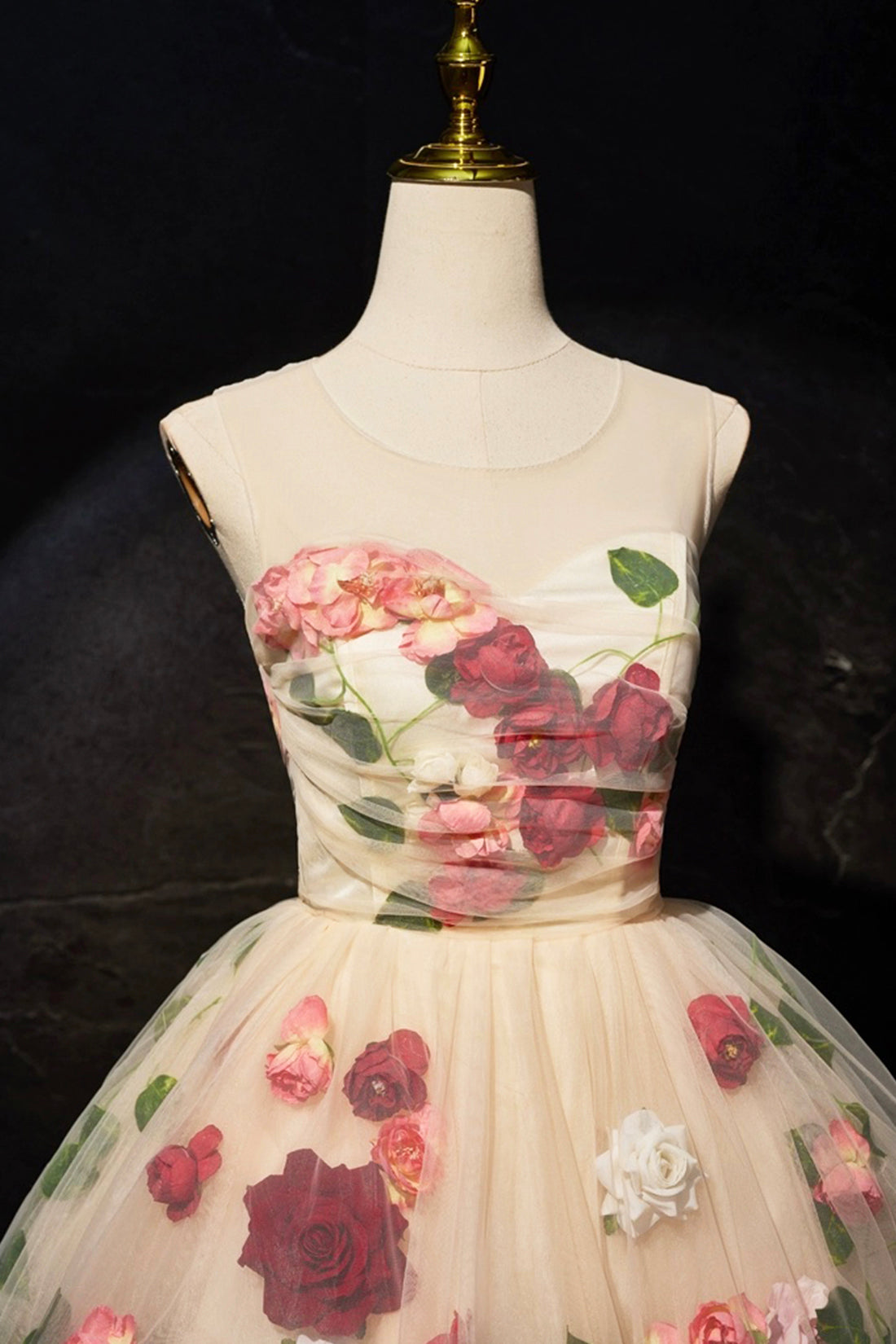 Cute Scoop Neck Short Prom Dress with Flowers, Champagne  A-Line Party Dress