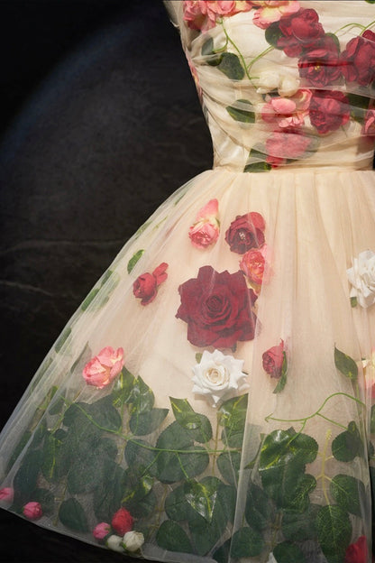 Cute Scoop Neck Short Prom Dress with Flowers, Champagne  A-Line Party Dress