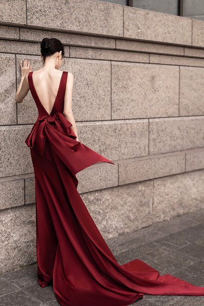 Burgundy V-Neck Satin Long Prom Dress, Burgundy Backless Evening Dress with Bow