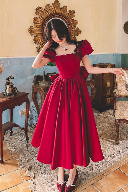 Burgundy Satin Short Prom Dress with Bow, Cute Short Sleeve Evening Party Dress