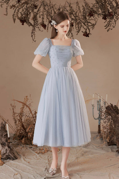 Gray Tulle Pearl Short Prom Dress, Cute A-Line Homecoming Dress