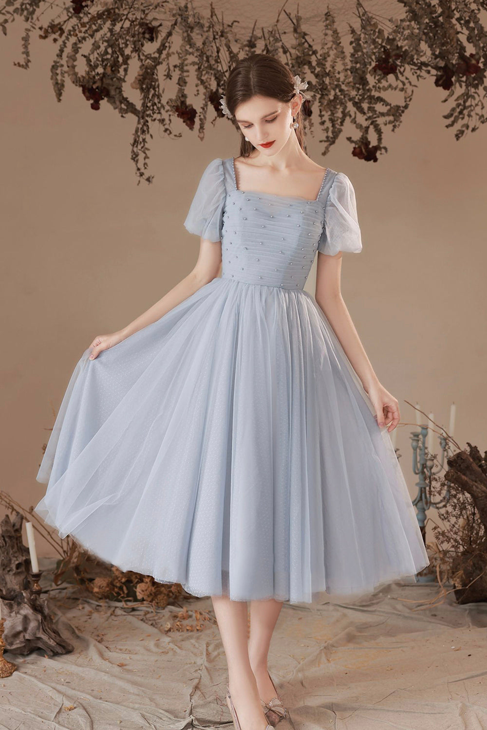 Gray Tulle Pearl Short Prom Dress, Cute A-Line Homecoming Dress