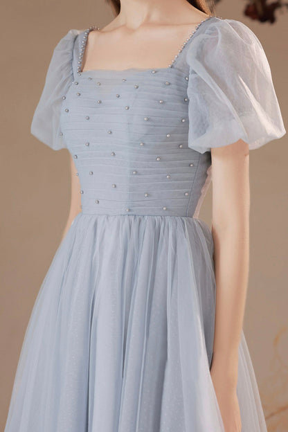 Gray Tulle Pearl Short Prom Dress, Cute A-Line Homecoming Dress