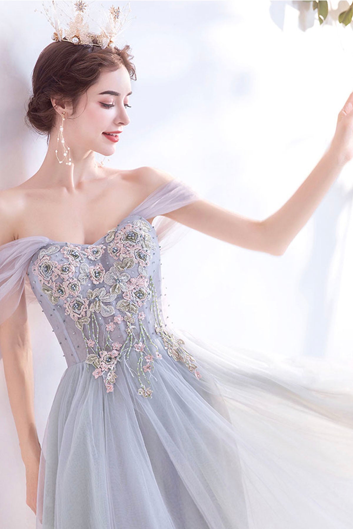 Gray Lace Long A-Line Prom Dress, Off the Shoulder Evening Party Dress