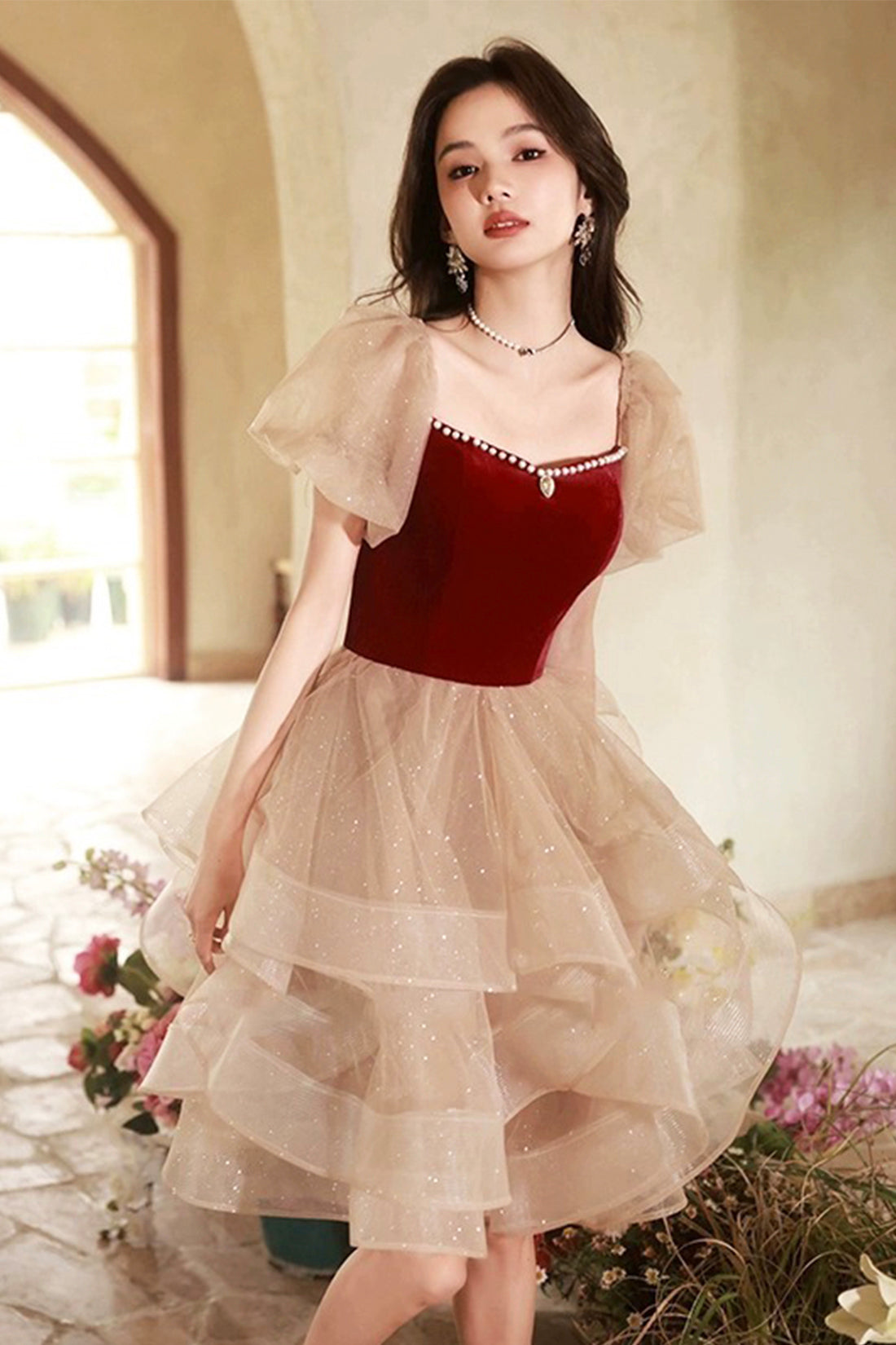 Cute Velvet Tulle Short Prom Dress, Beautiful Party Dress Homecoming Dress