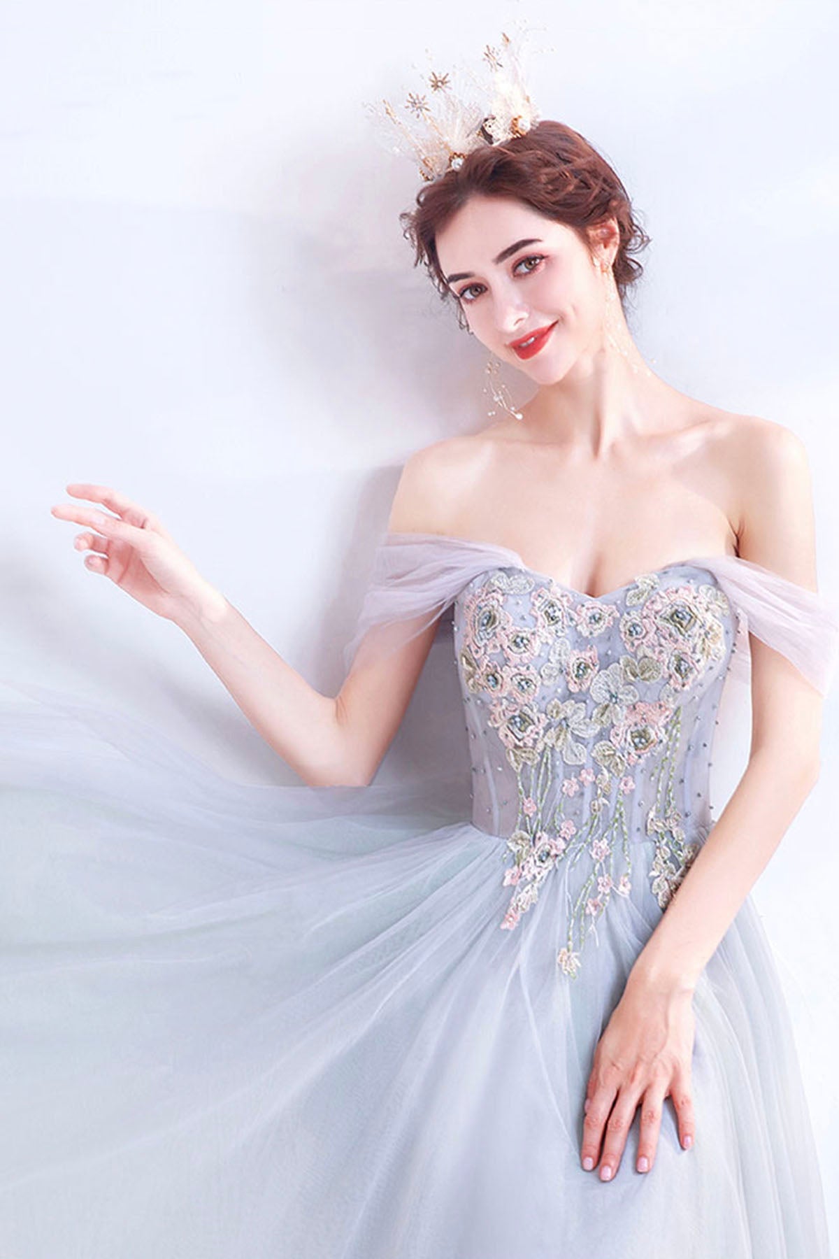 Gray Lace Long A-Line Prom Dress, Off the Shoulder Evening Party Dress