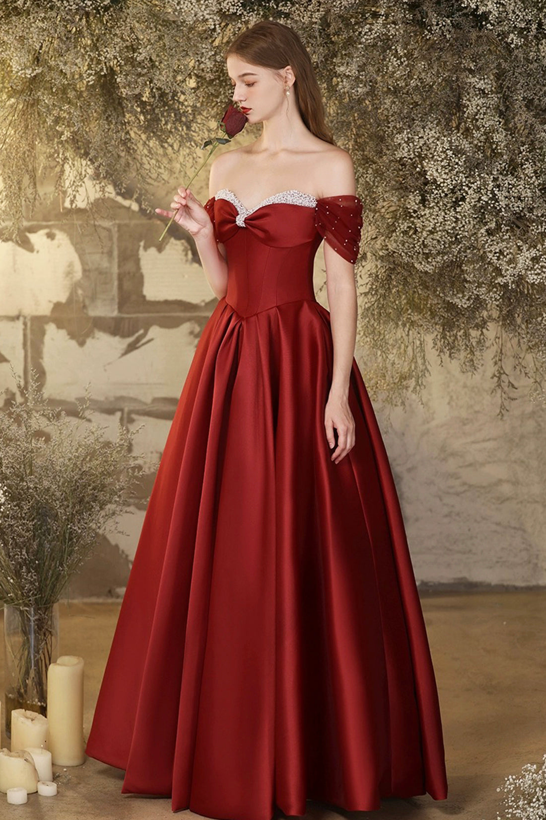 Burgundy Satin Long Prom Dress, Beautiful Off the Shoulder A-Line Formal Evening Dress