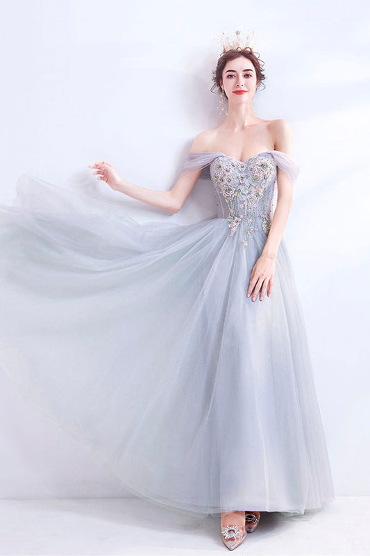 Gray Lace Long A-Line Prom Dress, Off the Shoulder Evening Party Dress