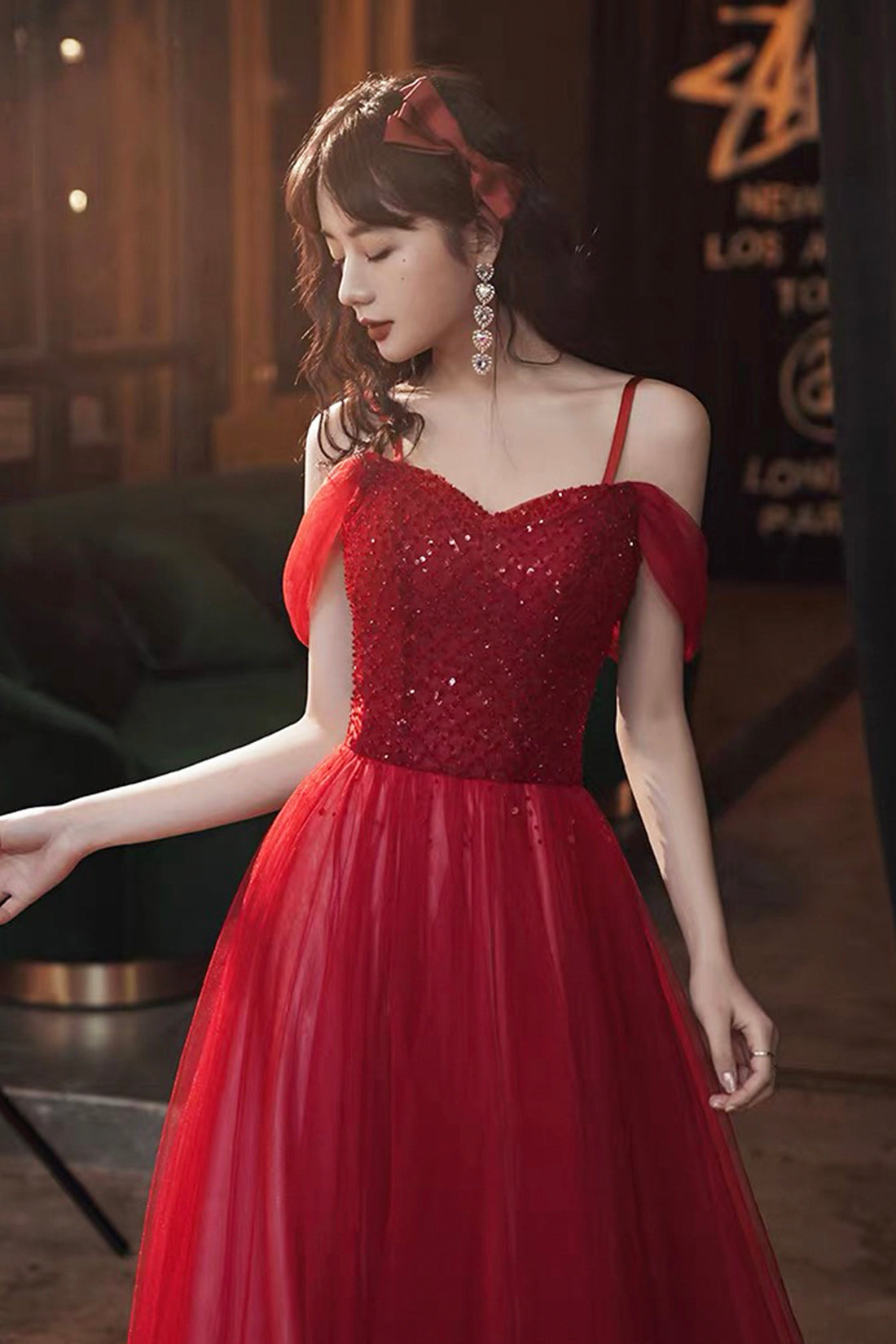 Burgundy Tulle Beaded Long Prom Dress, Beautiful Spaghetti Strap Evening Party Dress