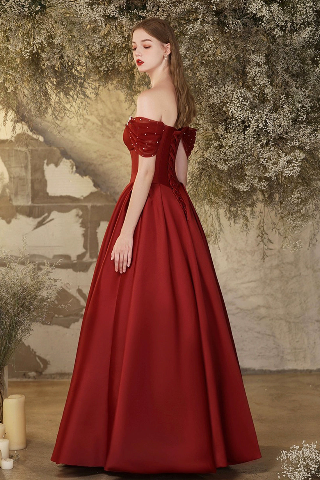 Burgundy Satin Long Prom Dress, Beautiful Off the Shoulder A-Line Formal Evening Dress