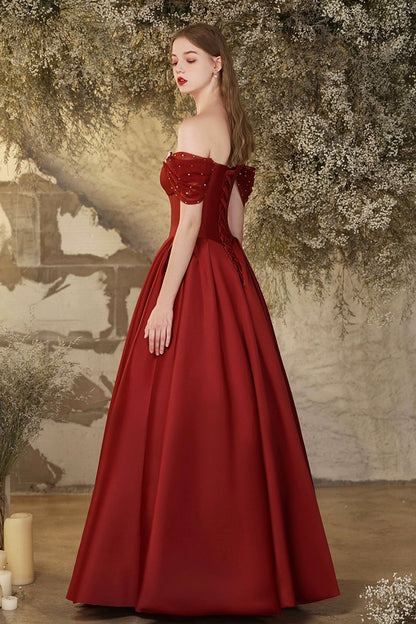 Burgundy Satin Long Prom Dress, Beautiful Off the Shoulder A-Line Formal Evening Dress