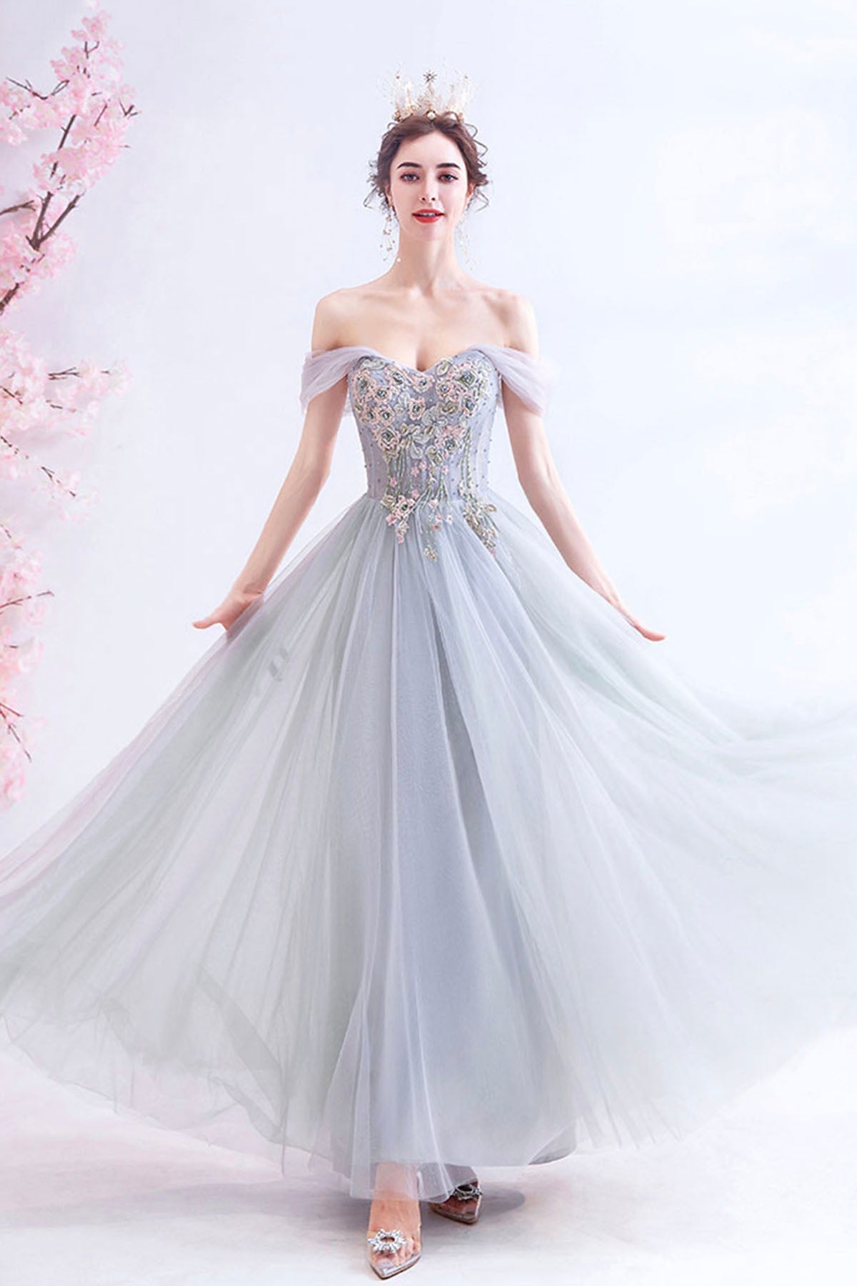 Gray Lace Long A-Line Prom Dress, Off the Shoulder Evening Party Dress