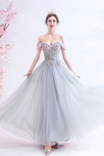 Gray Lace Long A-Line Prom Dress, Off the Shoulder Evening Party Dress