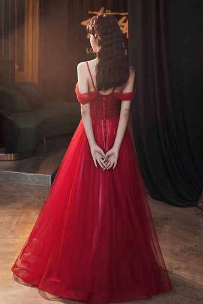 Burgundy Tulle Beaded Long Prom Dress, Beautiful Spaghetti Strap Evening Party Dress