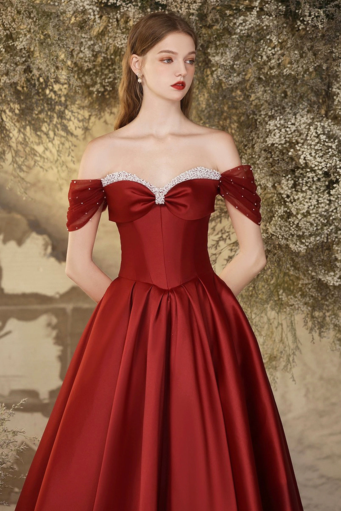 Burgundy Satin Long Prom Dress, Beautiful Off the Shoulder A-Line Formal Evening Dress