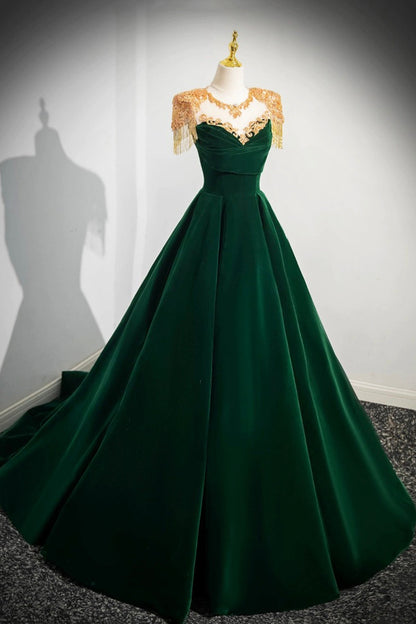 Green Velvet Beaded Long Prom Dress, A-line Beautiful Evening Party Dress