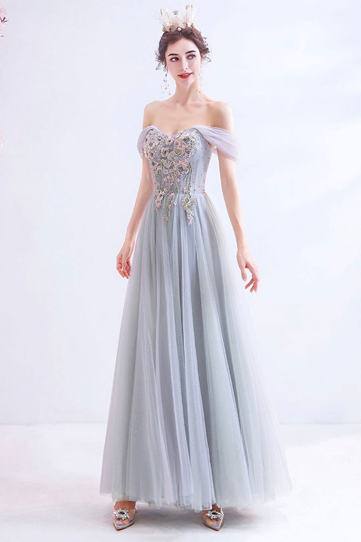 Gray Lace Long A-Line Prom Dress, Off the Shoulder Evening Party Dress