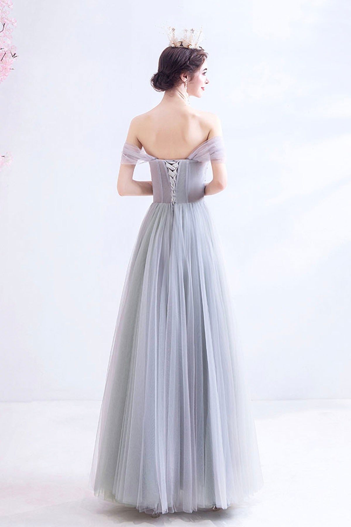 Gray Lace Long A-Line Prom Dress, Off the Shoulder Evening Party Dress