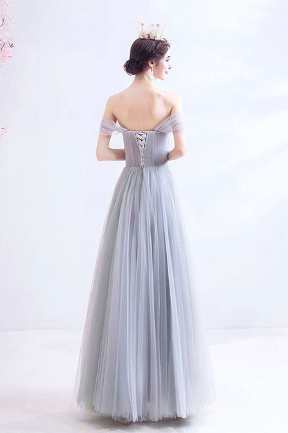 Gray Lace Long A-Line Prom Dress, Off the Shoulder Evening Party Dress