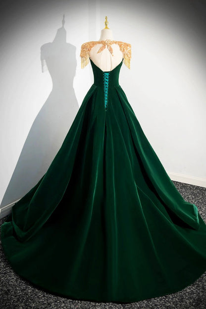 Green Velvet Beaded Long Prom Dress, A-line Beautiful Evening Party Dress
