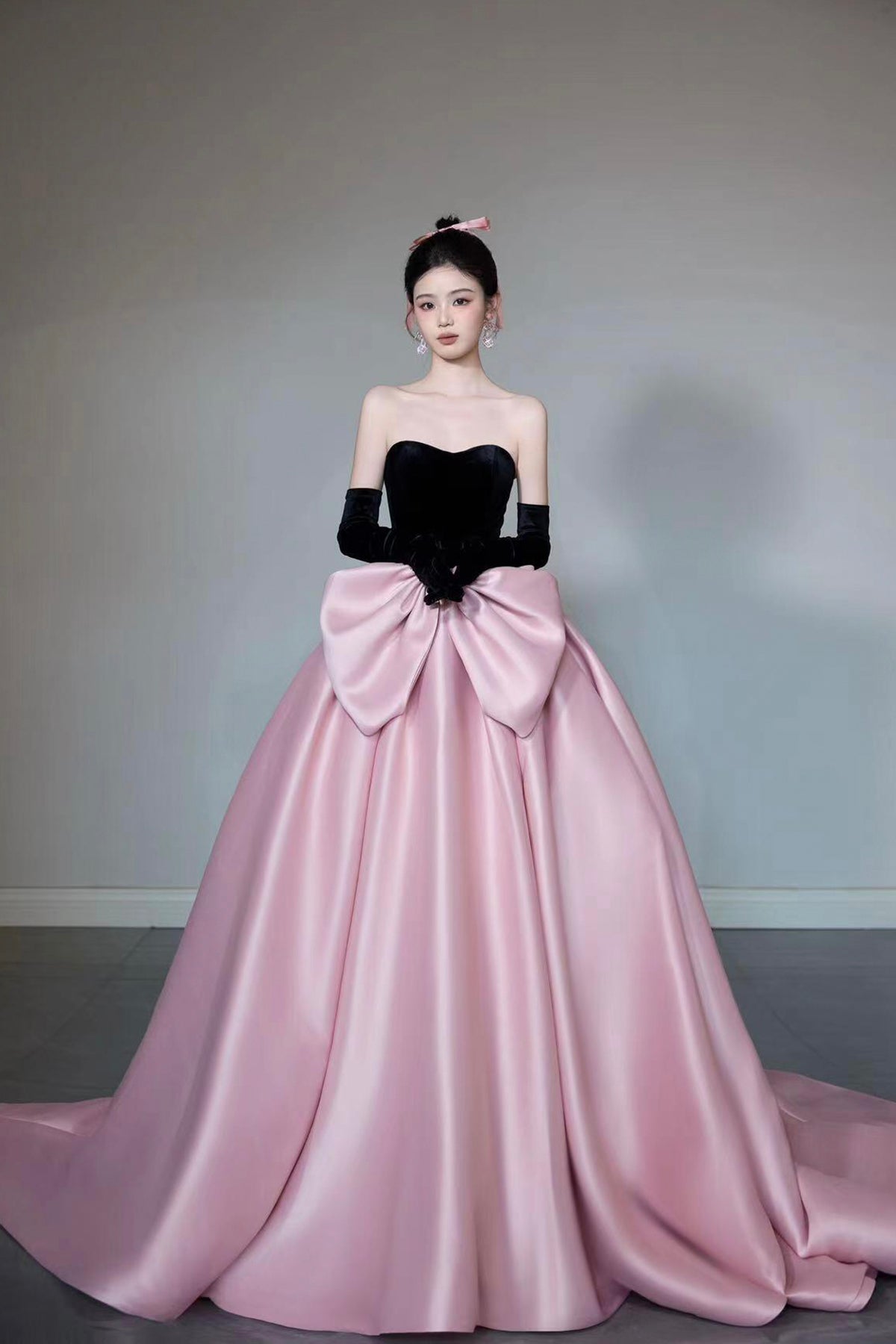 Black Velvet and Pink Satin Long Prom Dress, Beautiful A-Line Strapless Party Dress