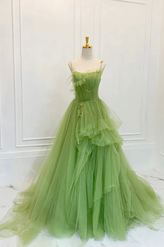 Green Spaghetti Strap Tulle Long Prom Dress, Beautiful A-Line Evening Dress