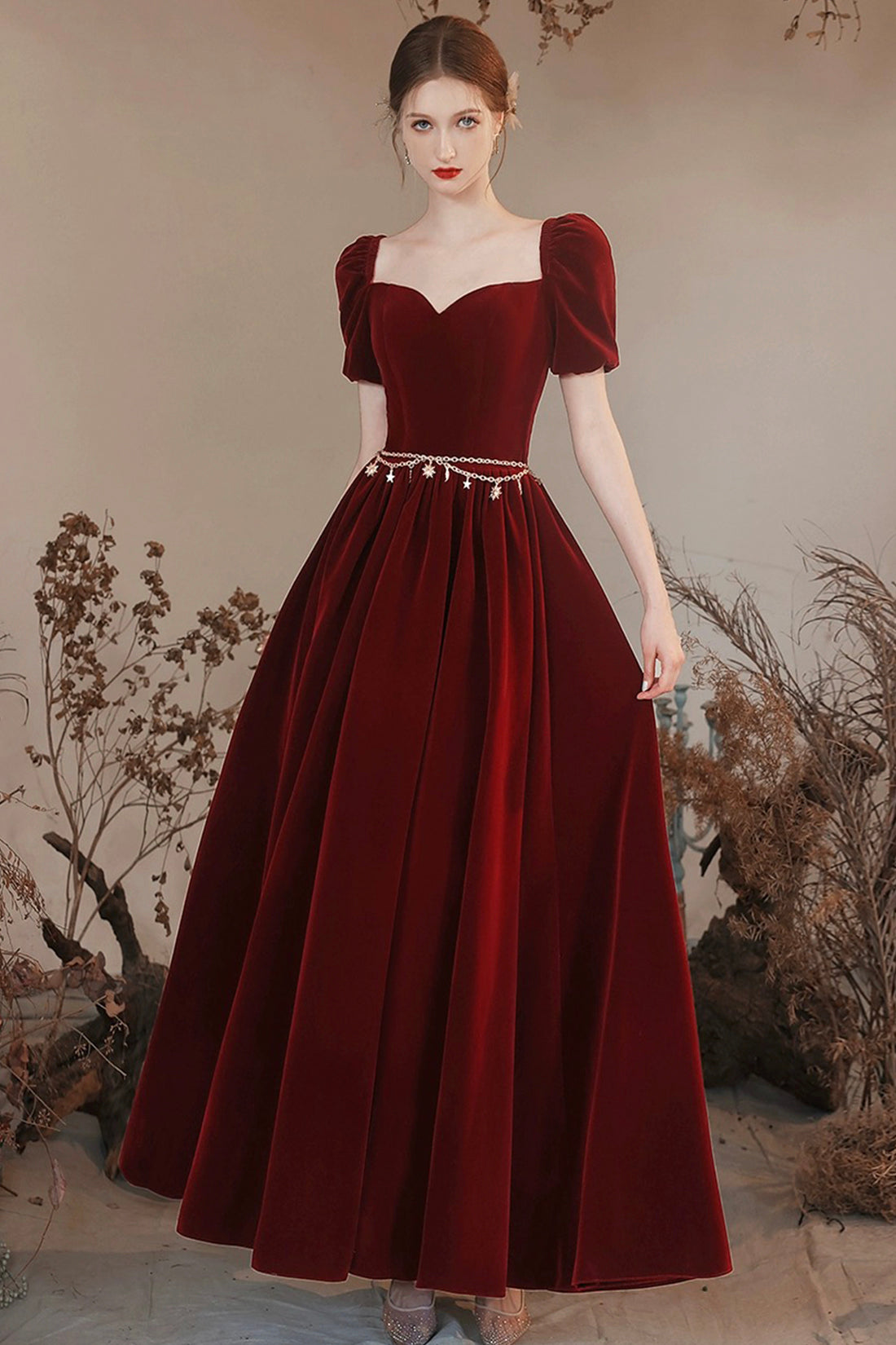 Burgundy Velvet Floor Length Prom Dress, Lovely A-Line Evening Party Dress